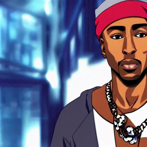 Image similar to Tupac Shakur, screenshot from a 2012s anime