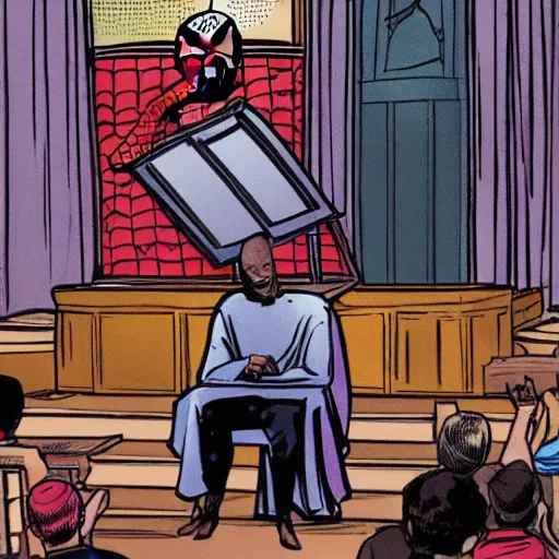 Image similar to spider-man giving speaking behind a pulpit in a Baptist church, comic book art