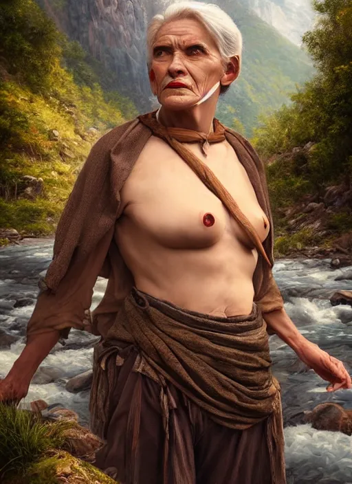 Image similar to photo of a gorgeous old young woman dressed as a man, climbing a river in tribal mountains the style of stefan kostic, realistic, sharp focus, 8k high definition, insanely detailed, intricate, elegant, art by stanley lau and artgerm