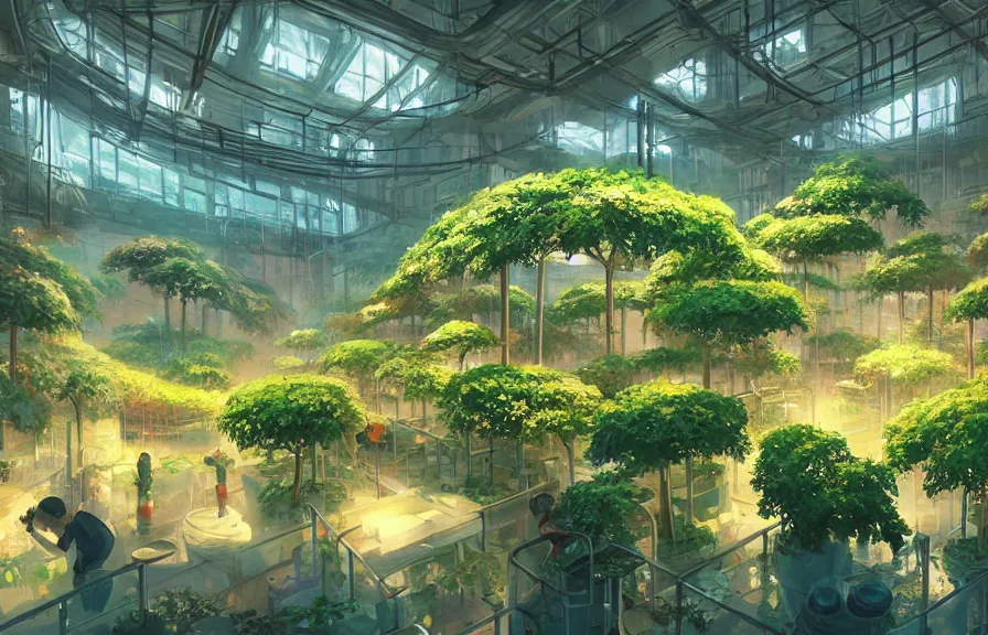 Image similar to concept art of a lush indoor hydroponics lab full of bonsai fruit trees in a far - future utopian city, key visual, ambient lighting, highly detailed, digital painting, artstation, concept art, sharp focus, by makoto shinkai and akihiko yoshida and hidari and wlop