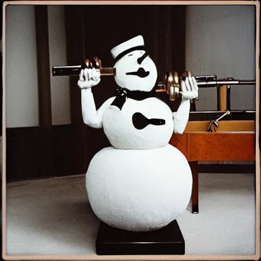 Image similar to “ burl ives snowman m, lifting weights with magnum pi in an insane asylum, designed by vernor panton ”