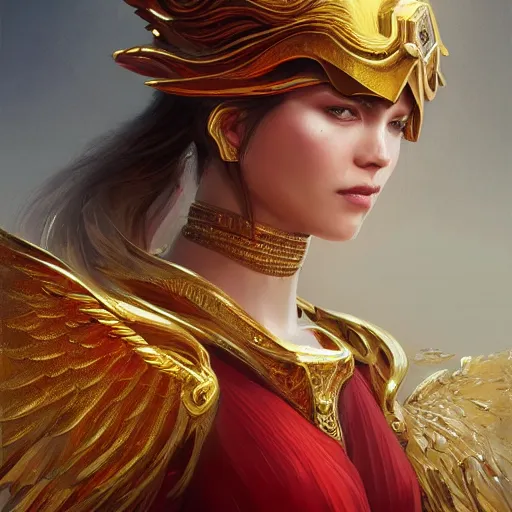 Image similar to Portrait of an angel in gold and red ornate armor, intricate, cinematic lighting, highly detailed, digital painting, artstation, concept art, smooth, sharp focus, illustration, art by Artgerm and Greg Rutkowski, Cgsociety