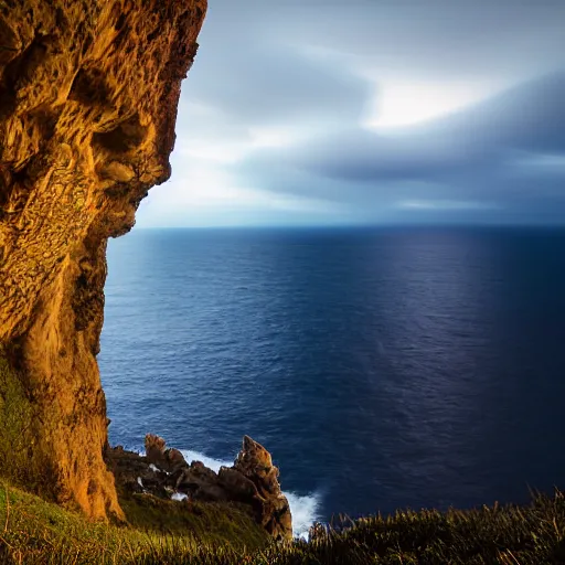 Image similar to micro - hurricane, blue hour, early night, deep blue atmosphere, overcast, low light, black and blue sky, sundown, scattered islands, sea, ocean, low pressure system, cloud with eye, very windy, late evening, distant hotel retreat on cliffside, shining lights on cliff side, polaroid photograph