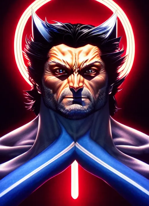 Image similar to symmetry portrait of wolverine from x - men : the animated series ( 1 9 9 2 ), glowing lights, intricate, elegant, highly detailed, digital painting, artstation, concept art, smooth, sharp focus, illustration, art by artgerm and greg rutkowski and alphonse mucha