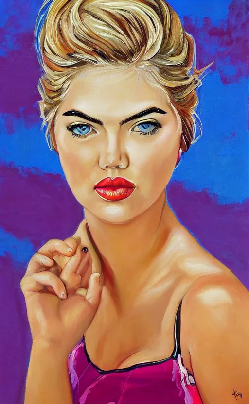 Prompt: A sexy Kate Upton painting with a piercing gaze, vibrant