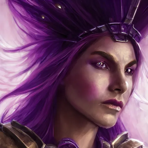 Image similar to extreme close up portrait of a beautiful woman in mechanical amethyst armor, female, flowing purple hair tied in pleats, intense stare, stoic, concept art, intricate detail, volumetric shadows and lighting, realistic oil painting magic the gathering style, destiny, sci - fi,