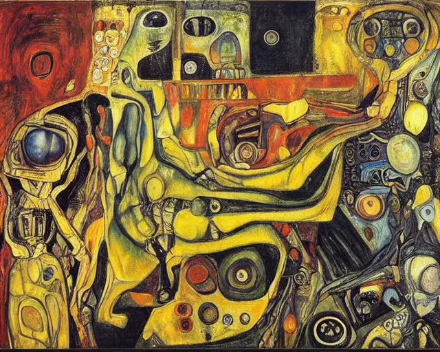 Image similar to a painting of a aliens and robots by graham sutherland, egon schiele, gustav klimt, salvador dali, edvard munch, expressionism