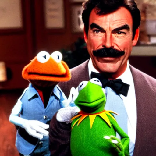 Image similar to Tom Selleck in the muppets with Kermit the frog