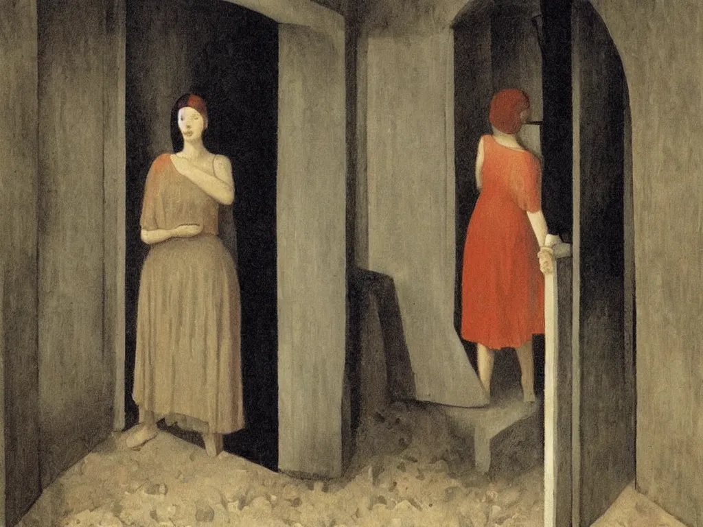 Image similar to woman standing in the doorway with coral. flood. painting by paul delvaux