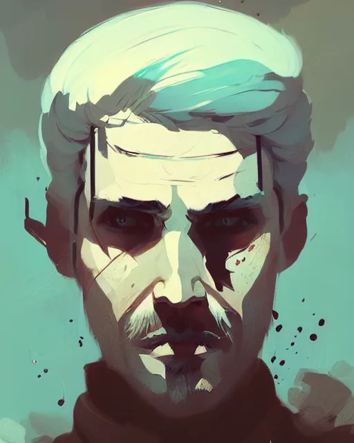 Image similar to portrait of 3 0 years old man from witcher by atey ghailan, by greg rutkowski, by greg tocchini, by james gilleard, by joe fenton, by kaethe butcher, dynamic lighting, gradient light blue, brown, blonde cream and white color scheme, grunge aesthetic