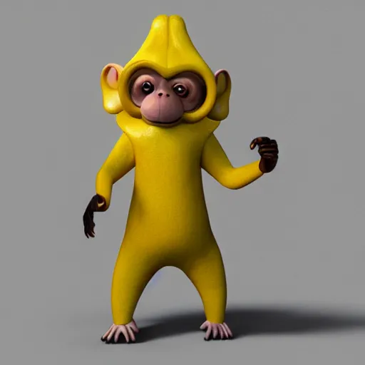 Image similar to digital art of a monkey in a banana costume, 8 k render, octane render, saturated