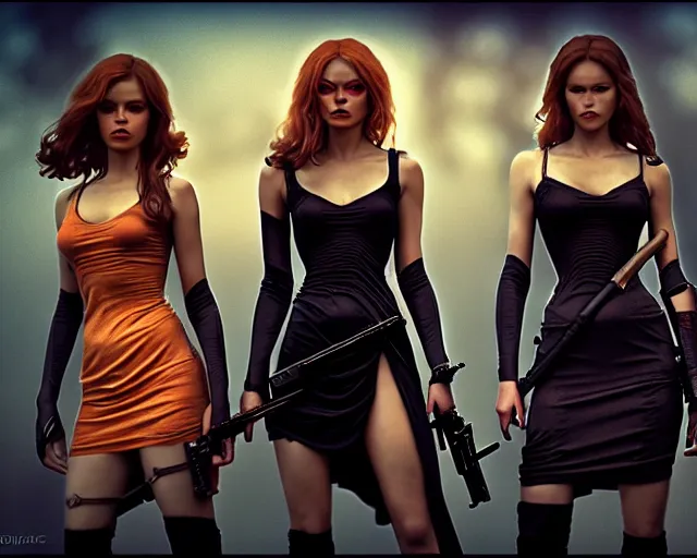 Image similar to charlie's angels with beautiful faces, in short dresses, weapons, full body, dark and mysterious, atmospheric, ominous, eerie, cinematic light, epic, 8 k 3 d, ultra detail, ultra realistic, by wlop, by mucha, by giger