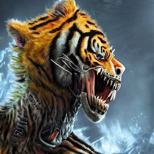 Image similar to full body still of a humanoid with tiger-like features, yellow eyes, teeth that protrude past the lower lip and fine grayish fur on their faces and backs of their hands wearing futuristic alien armor and carrying weapons, octane,