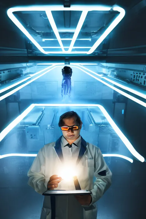 Image similar to futuristic scientist is holding a folder, he is in shock, dark building of server room, neon light, the folder glows and lights up his face, dramatic lighting, ethereal, stunning, breathtaking, awe - inspiring award - winning, 8 k