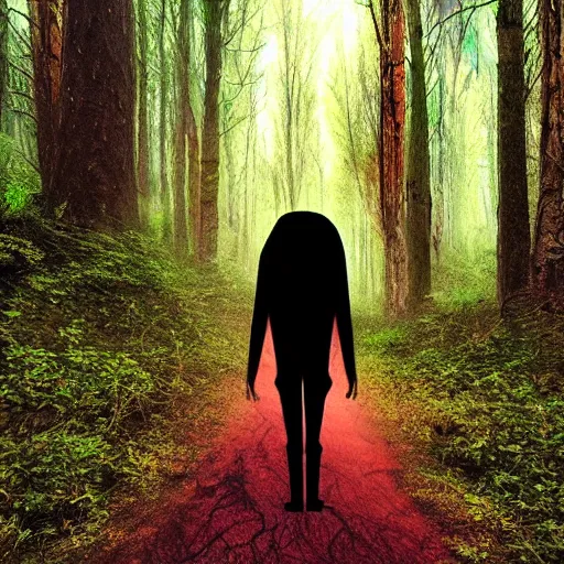 Prompt: a psychedelic wendigo walking down a path in a forest