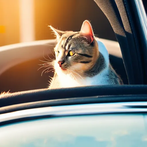 Image similar to cat sitting in driver seat of a cabriolet, paws resting on top of steering wheel, golden hour, top view