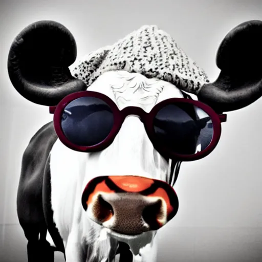 Prompt: a cool jazzy cow wearing sunglasses and a hoodie