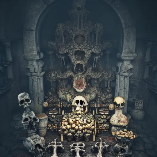 Image similar to full color, low ultrawide interior shot of sedlec ossuary, bones, anime style mixed with fujifilm, dark, foggy, atmospheric, artstation, cgsociety, octane render, cgi, denoise, detailed, cinematic masterpiece