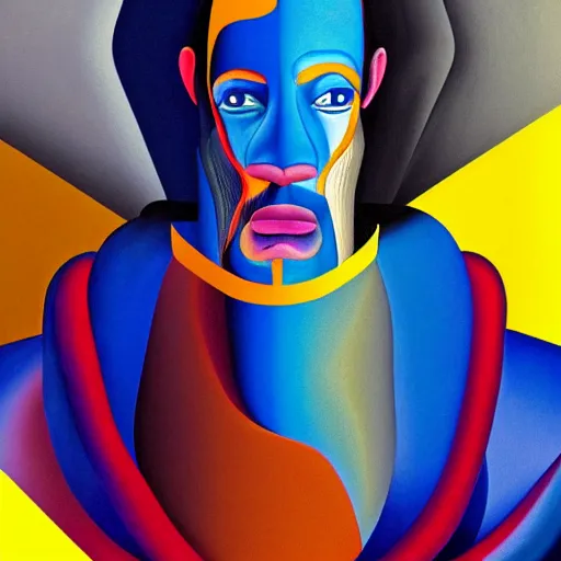 Image similar to ultra realistic portrait of captain planet in a studio, ultra detailed, under blue, red and yellow cinematic lighting, salvador dali, cartoon, monument valley, escher