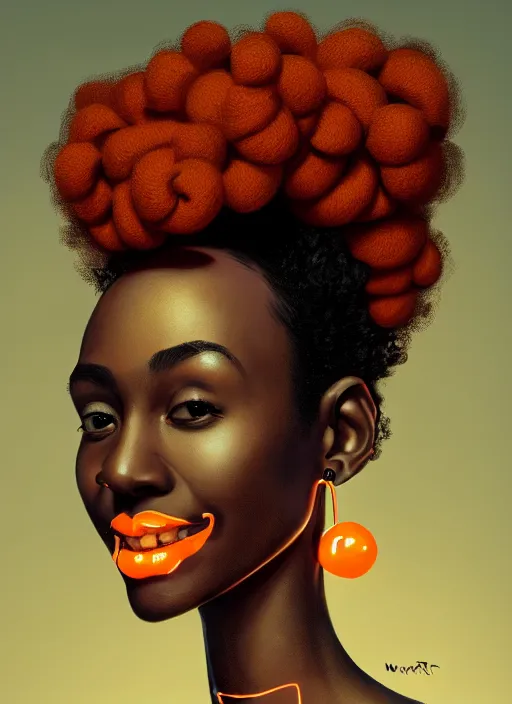 Image similar to portrait of shy black girl, realistic, bantu knots, pointy nose, lanky, smile, nerdy, defined jawline, big chin, orange hair bow, earrings, intricate, elegant, glowing lights, highly detailed, digital painting, artstation, sharp focus, illustration, art by wlop, mars ravelo and greg rutkowski