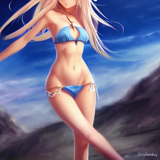 Image similar to a very beautiful young anime giantess, full body, long wavy blond hair, sky blue eyes, full round face, evil grin, bikini, miniskirt, front view, mid - shot, highly detailed, cinematic wallpaper by stanley artgerm lau