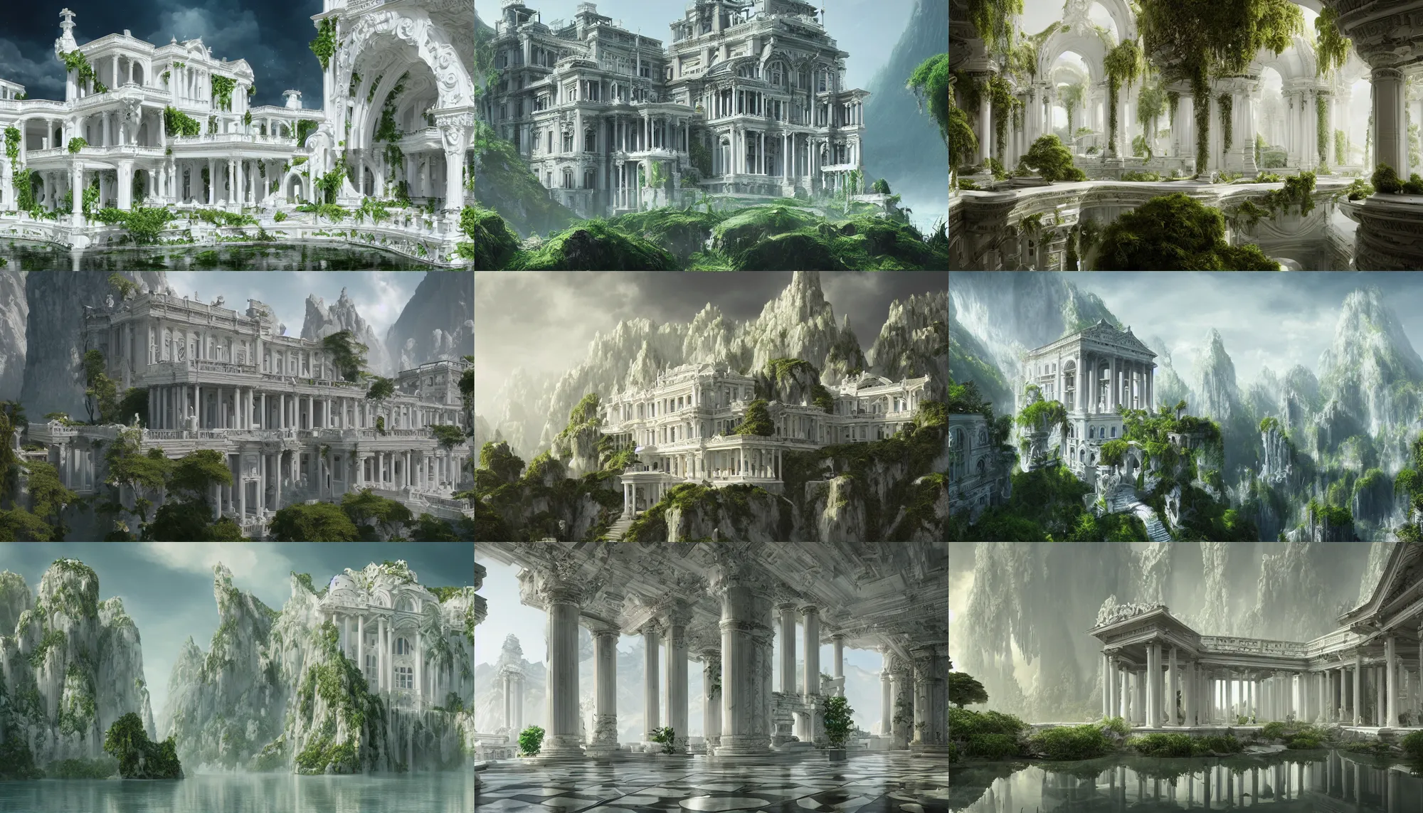 Prompt: Gorgeous white palace with big windows and columns built in the green giant mountains, hyperdetailed, artstation, cgsociety, 8k