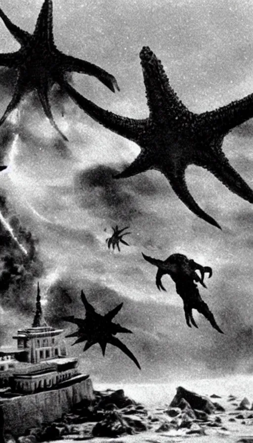 Image similar to a filmstill of a north korean monster movie, kaiju - eiga monster with starfish - arms trampling a traditional korean palace, foggy, film noir, epic battle, etheral, explosions, communist propaganda, communist epic thriller produced by kim jong - il, cinematography by akira kurosawa and tim burton, video compression