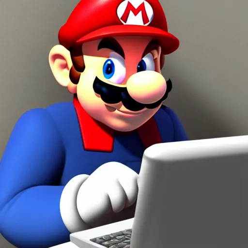 Prompt: mario using the computer, hd