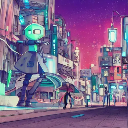 Prompt: A cell animation of a robot playing guitar standing in a futuristic city street, macross, gundam, ghibli style, illustration, anime, trending on artstaion