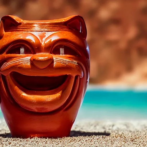 Image similar to a closeup photorealistic photograph of a glossy orange cat garfield style tiki mug sitting at a trader vic's beach bar featuring garfield's face. tiki theme. bright scene. fine detail. this 4 k hd image is trending on artstation, featured on behance, well - rendered, extra crisp, features intricate detail, epic composition and the style of unreal engine.