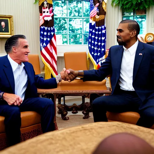Image similar to professional photograph of Mitt Romney and Kanye West shaking hands in the oval office, 8k, very detailed, very intricate,