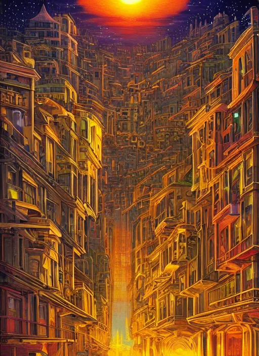 Prompt: ethereal starlit city at sunset, italian futurism, da vinci, Dan Mumford