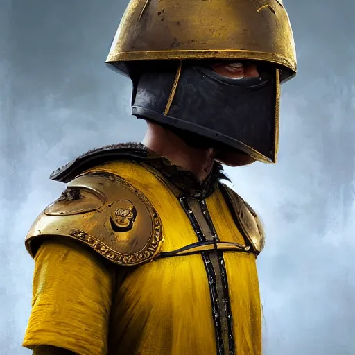 Image similar to Medium shot young idealistic and pious homely male Imperial soldier wearing a {black and yellow tabard} over a brown gambeson and a {realistic steel helm!!!!!}, by Raymond Swanland Greg Rutkowski Lise Deharm, {perfect face}, {perfect eyes}, {uncertain look}, {on edge}