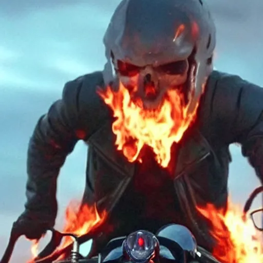 Image similar to Keanu Reeves as ghostrider Half skull on fire 4K quality Super Realistic