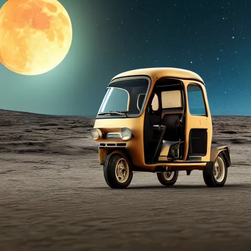 Image similar to a dark blue bajaj tuk tuk traveling on the surface of the moon, moon craters, night sky, milky way, hard lighting, matte painting, concept art, 4k