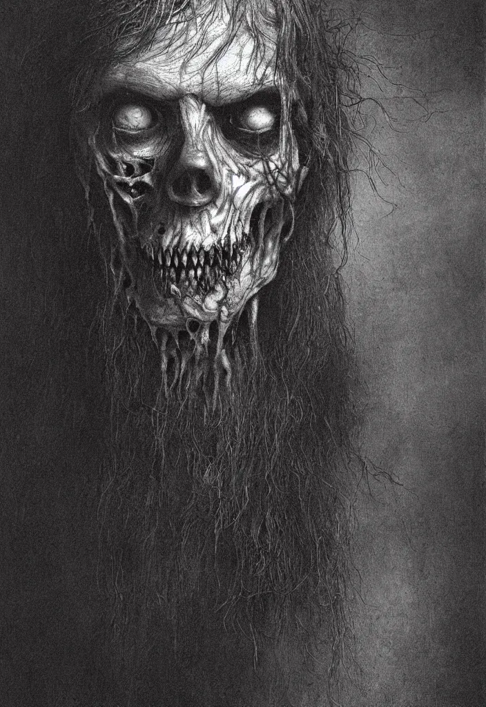 Image similar to closeup portrait of a zombie, creepy atmosphere, dark, portrait, very realistic, illustration by gustave dore
