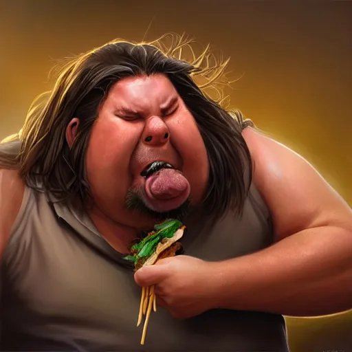 Image similar to portrait of a half fatman half pig eating kebab with long hair tied in a ponytail, light stubble with red shirt ,digital art,photorealistoc,art by greg rutkowski,hyperdetailed,western comic style,comic,comic style,sharp lineart,professional lighting,deviantart,artstation,trevor henderson,rossdtaws,cinematic,dramatic