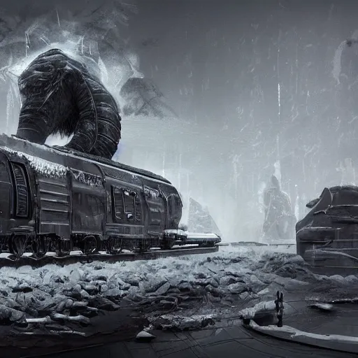 Prompt: an intricate futuristic black steam train and a giant mammoth, post - apocalyptic ice landscape in snowstorm, concept art, artstation, highly detailed, digital art