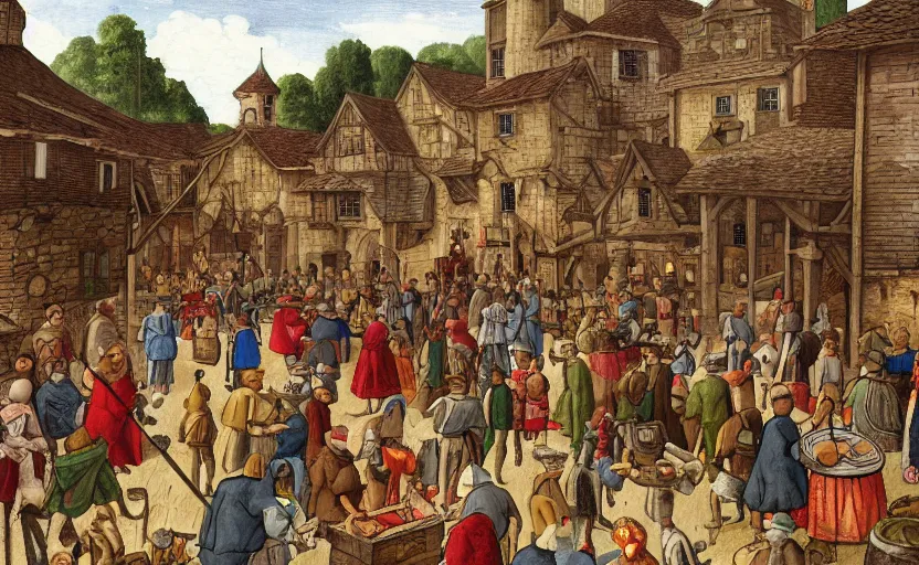 Image similar to central square of a medieval village, busy scene with lots of people engaged in trading various goods and services appropriate for the time. a beautiful digital illustration.