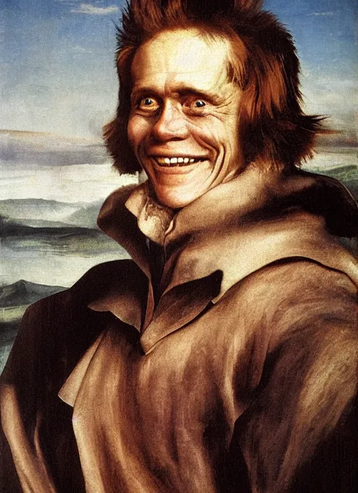 Image similar to portrait painting of willem dafoe with stubble smiling warmly, renaissance oil painting, studious chiaroscuro