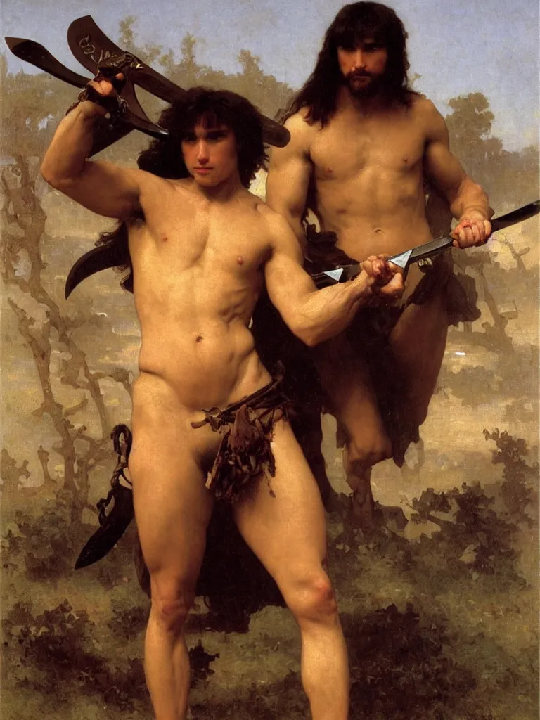 Image similar to a full body portrait of Conan the barbarian holding a sword, oil painting by william bouguereau, hd, sharp focus,