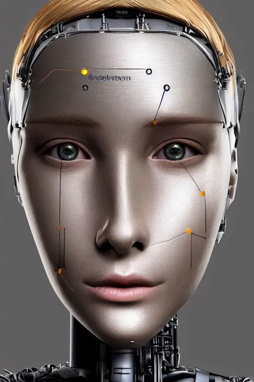 Image similar to robot with human face, female head, full body angle, woman human face, human face realistic, beautiful blonde hair, human head, human head with blonde hair, blonde hair human head, blonde hair, human realistic face, human head skin, cyborg frame concept, cyborg by ales-kotnik, sci-fi android female, the body is made of wires, robotic body, cyborg body, cyborg bust body, robot body cyborg, full body