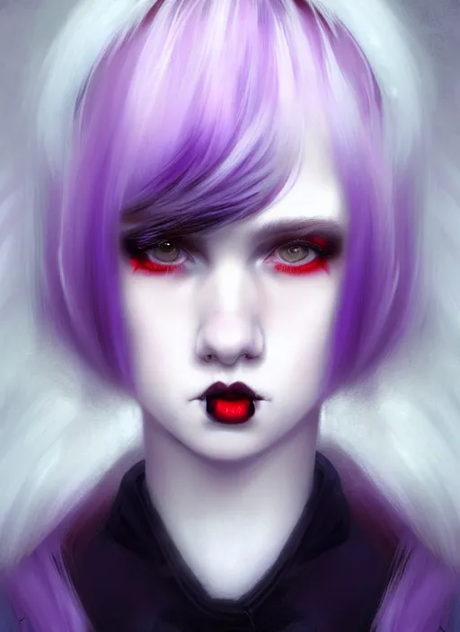 Image similar to portrait of white teenage girl, normal face, white bangs, mall goth, cyberlox, black and white hair, bangs, fluffy bangs, red contact lenses, purple lipstick, intricate, elegant, highly detailed, digital painting, artstation, concept art, sharp focus, smooth, illustration, art by wlop, mars ravelo and greg rutkowski