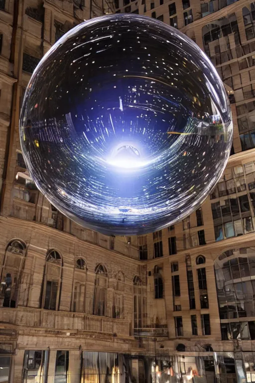 Prompt: public art installation about space and time. projected on big suspended sphere inside big and dark venue