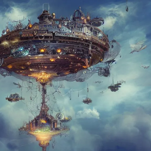 Image similar to flying city in a mechanical flower, clouds, sky, fantasy art, steampunk, masterpiece