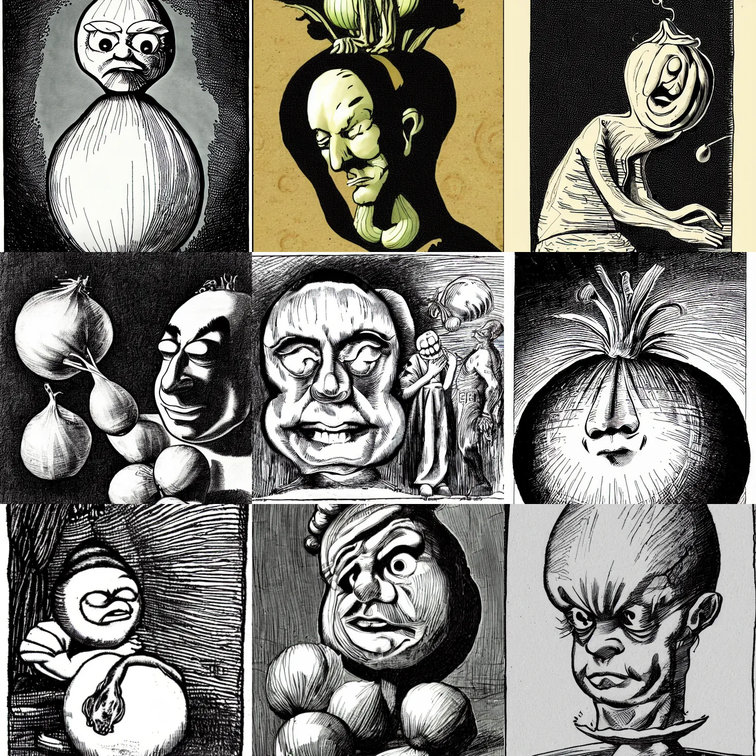 Prompt: onion man contemplates reality, baroque painting, style of Wally Wood, head is an onion, surrounded by onions