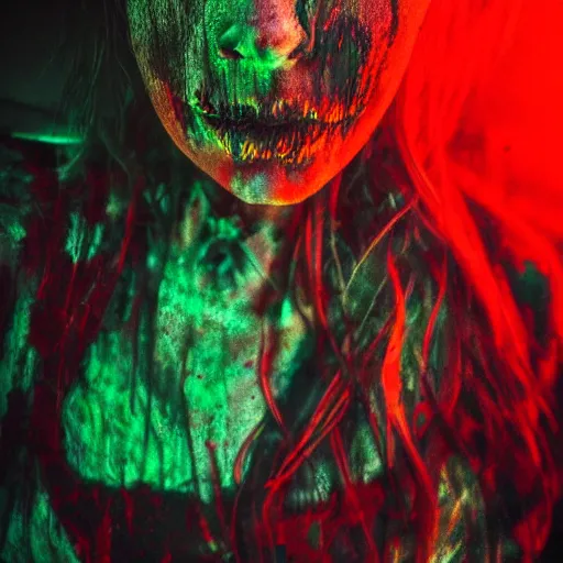 Prompt: self portrait of pale beauty, decaying vibrant colors, veins of neon glow, dark evil selfie by blueray