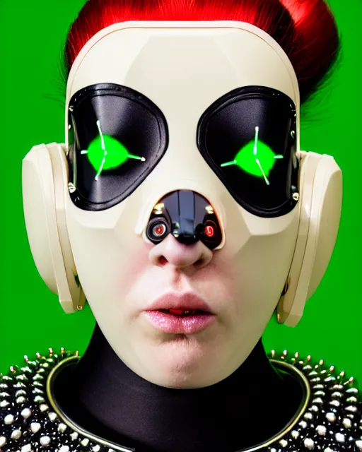 Image similar to symmetrical portrait of a cyborg wearing a silicone swarovski studded red beauty mask and green hair buns, wearing a black bodysuit armour by alexander mcqueen, cream white background, soft diffused light, biotechnology, humanoid robot, bjork aesthetic, translucent, by rineke dijkstra, intricate details, highly detailed, masterpiece,