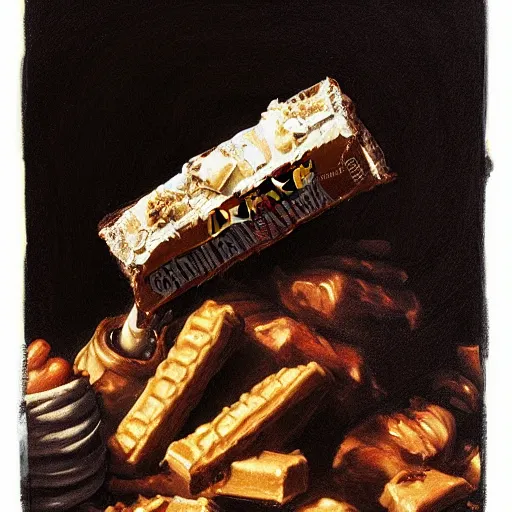 Image similar to saturn devouring a snickers chocolate bar, goya painting, in the style of goya and greg rutkowski, in the style of black paintings, 8 k, highly realistic