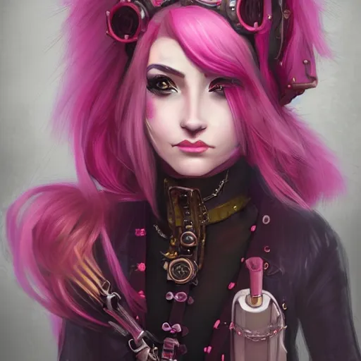 Image similar to a pink hair girl dressed with inspirations from steampunk style, high detailed, digital art, trending on artstation, devianart, cgsociety